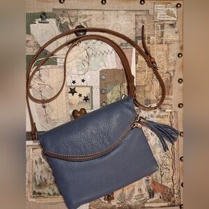Cuoieria Fiorentina Blue Pebble Leather Crossbody Bag Flap Top Made In Italy